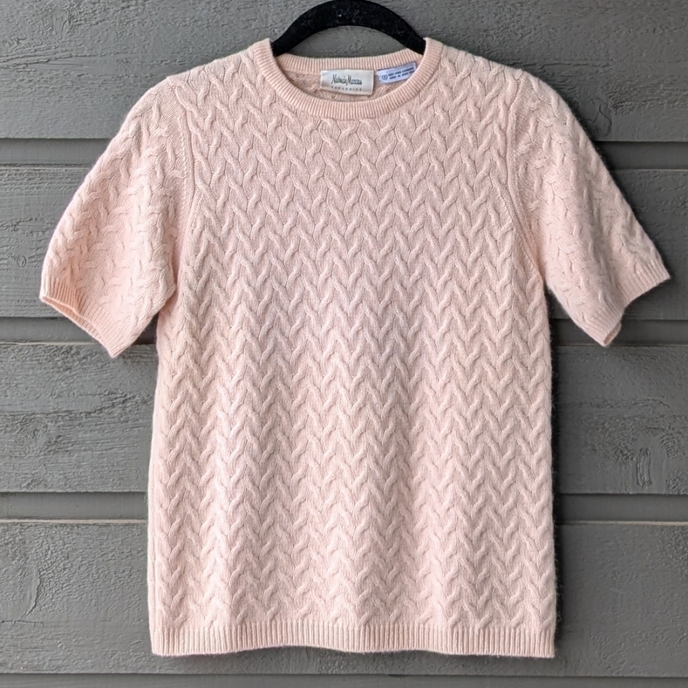 VTG 90s Neiman Marcus Blush Pink Cable Knit 100% Pure Cashmere Sweater Small
